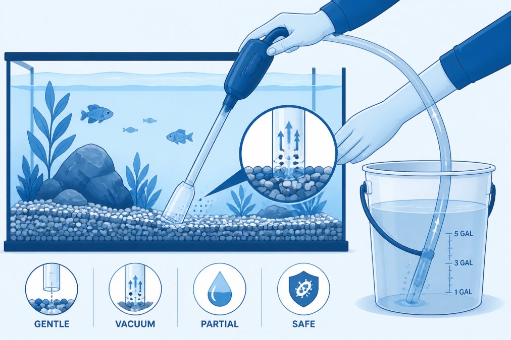 Hands holding an electric gravel vacuum siphon positioned just above the aquarium substrate, water being siphoned into a collection bucket, showing the gentle suction technique during a partial water change