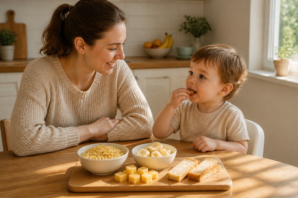 A parent and toddler sitting at a sunlit kitchen table with small bowls of plain pasta, sliced banana, toast fingers and cheese cubes arranged on a wooden board