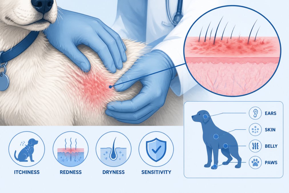 Close-up of a dog's fur and skin being gently examined by a veterinarian's hands, showing visible redness and irritation on the skin surface under clinical lighting