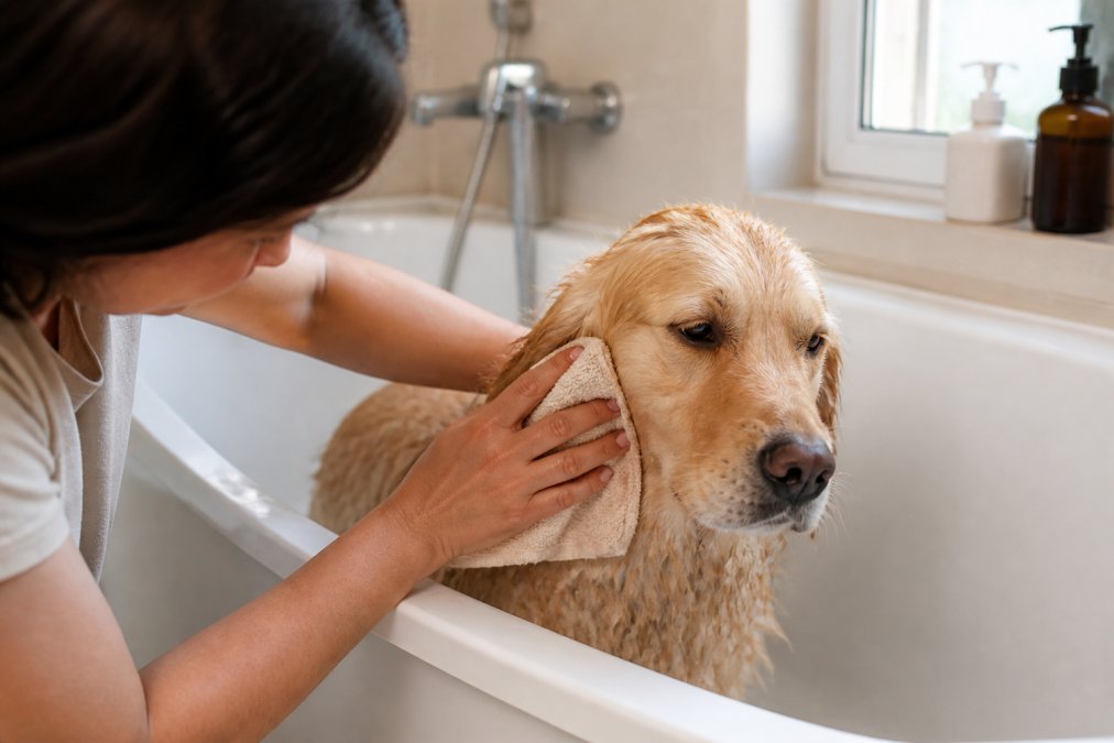 Pet owner carefully bathing a dog with lukewarm water, using gentle motions and a soft washcloth in a calm bathroom setting with warm natural lighting