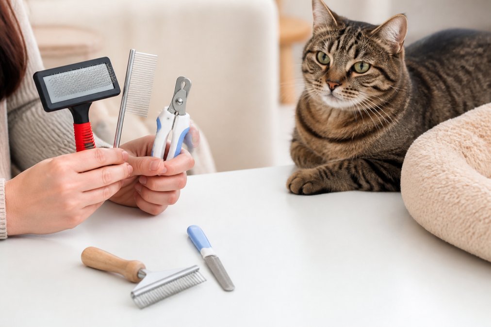 Close-up of a cat owner's hands holding various grooming tools including a slicker brush, stainless steel comb, and nail clippers arranged on a clean white surface with a relaxed tabby cat sitting nearby
