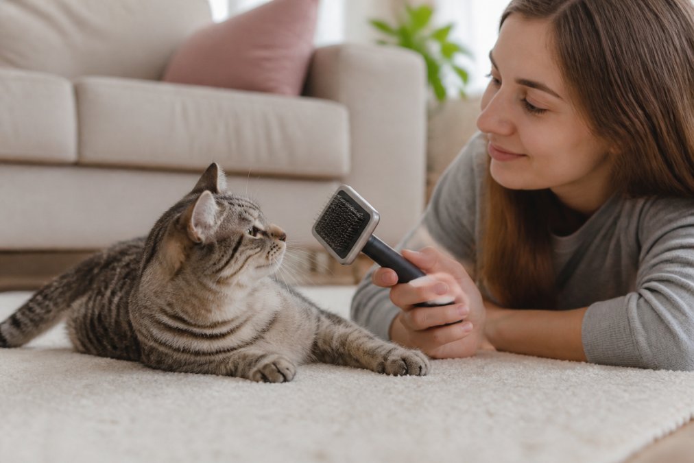 A pet parent gently introducing a grooming brush to a relaxed cat indoors, showing positive interaction and calm body language with soft natural lighting