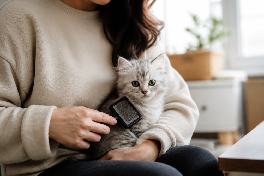 A young kitten being gently brushed with a soft slicker brush, sitting calmly on a person's lap in a bright, comfortable home setting with natural window light