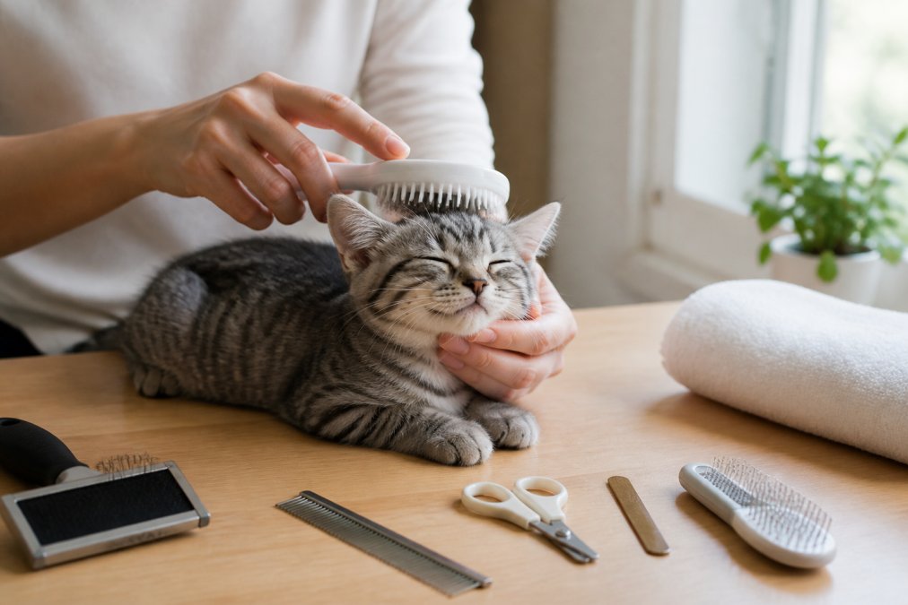 A kitten relaxing during a grooming session with various safe grooming tools laid out nearby on a clean surface, with soft natural lighting from a nearby window