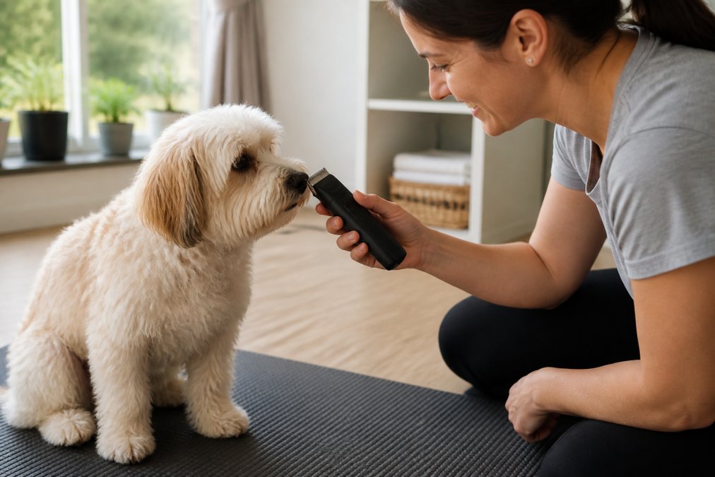 Dog owner gently introducing a quiet electric clipper to their nervous dog, with the dog sniffing the tool while sitting on a grooming mat at home, in warm natural light from a nearby window