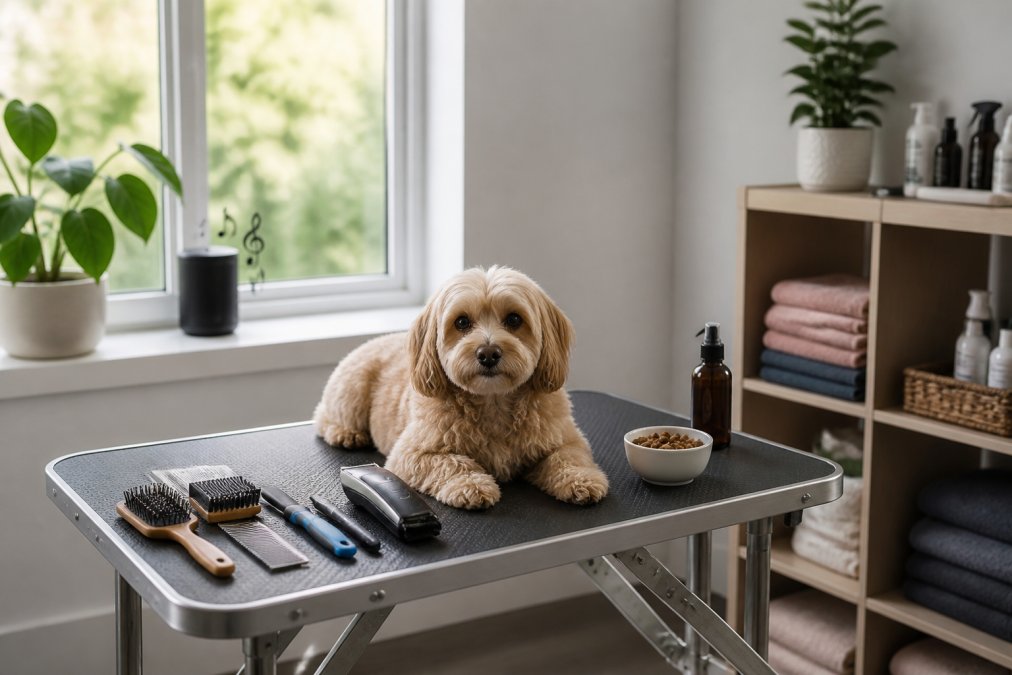 A bright, organized home grooming station with soft natural lighting from a window, a stable grooming table at proper height, gentle brushes and quiet clippers arranged nearby, calming treats in a small bowl, and soft music playing from a speaker in the background