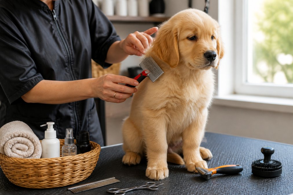 Professional groomer's hands gently brushing a golden retriever puppy's coat with a slicker brush, puppy sitting calmly on a grooming mat with natural window lighting