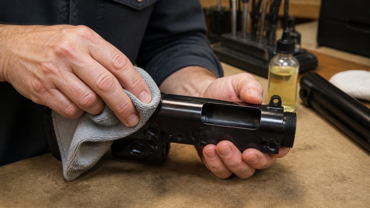 Step-by-step guide showing how to apply gun oil to a blued steel receiver using a microfiber cloth.