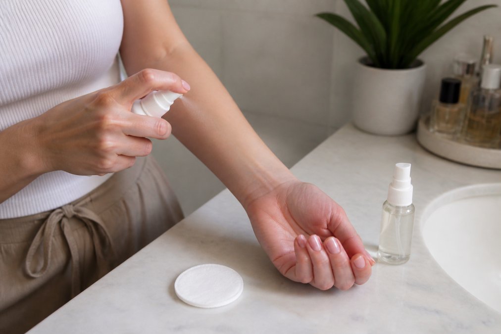 Woman performing a patch test with heel spray on her forearm before an event
