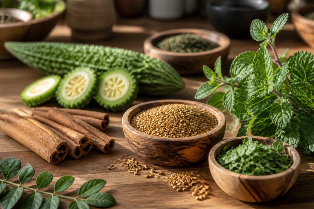 Close-up of fresh herbs and spices on a wooden kitchen counter including cinnamon sticks, fenugreek seeds, bitter melon, and chromium-rich plants with natural sunlight illuminating the ingredients