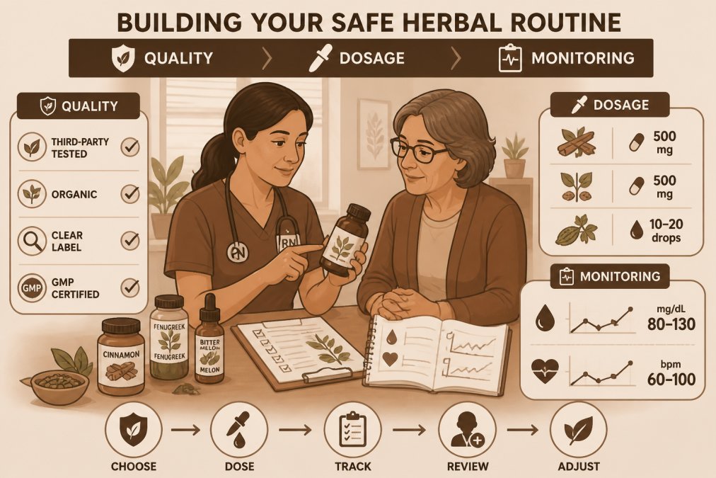 Healthcare professional or nurse reviewing herbal supplement bottles and documentation with a patient in a clinical setting, showing trust and professional guidance with natural office lighting