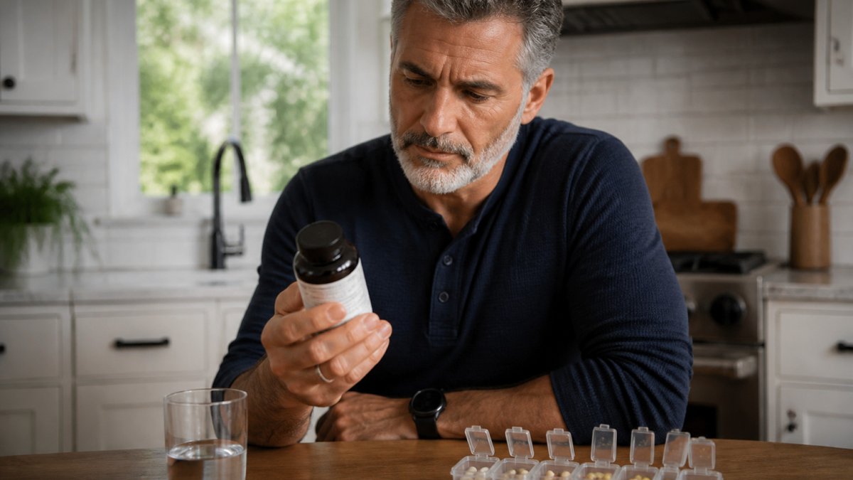 Adult reading a supplement label at a kitchen counter with a pill organizer and glass of water nearby.