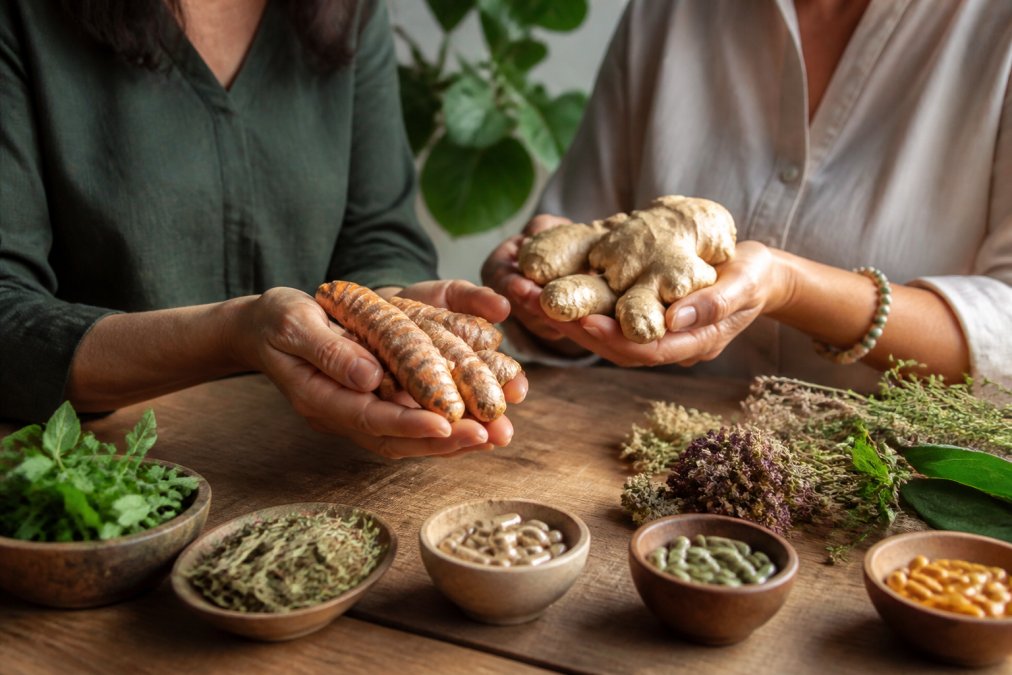 Fresh turmeric and ginger roots next to safe herbal supplements for long term joint health on a wooden surface
