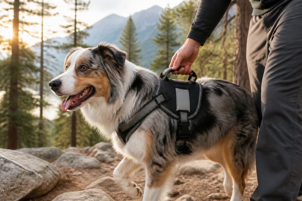 A medium-sized Australian Shepherd wearing a reflective padded no-pull harness on a rocky mountain trail, owner's hand gripping the back handle, morning light filtering through pine trees