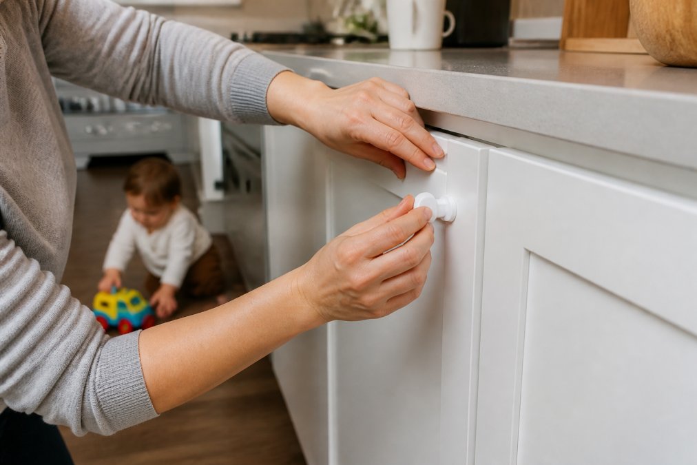 Close-up of a parent's hands pressing a magnetic cabinet lock key against a white kitchen cabinet door, toddler's toy visible on the floor behind