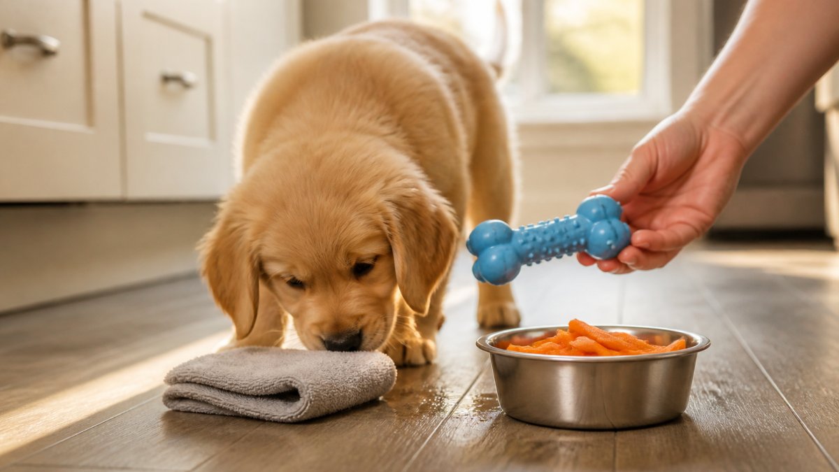 A small golden retriever puppy on a kitchen floor nosing at a damp rolled washcloth beside a bowl of chilled carrot sticks, with an owner's hand reaching in to offer a chew toy, warm afternoon light