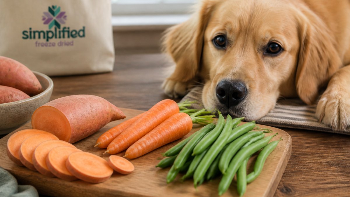 Close-up of fresh vegetables including sweet potato, carrots, and green beans on a wooden cutting board with a golden retriever resting nearby