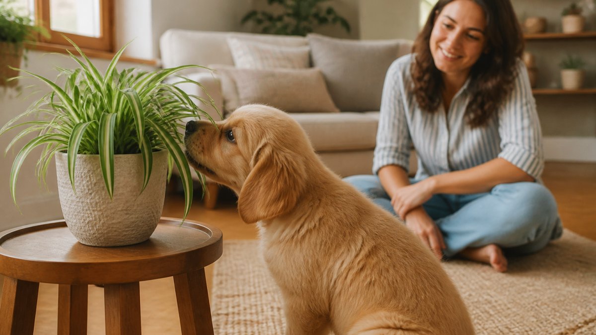 Infographic showing a puppy sniffing a safe spider plant in a sunny living room with a person watching nearby
