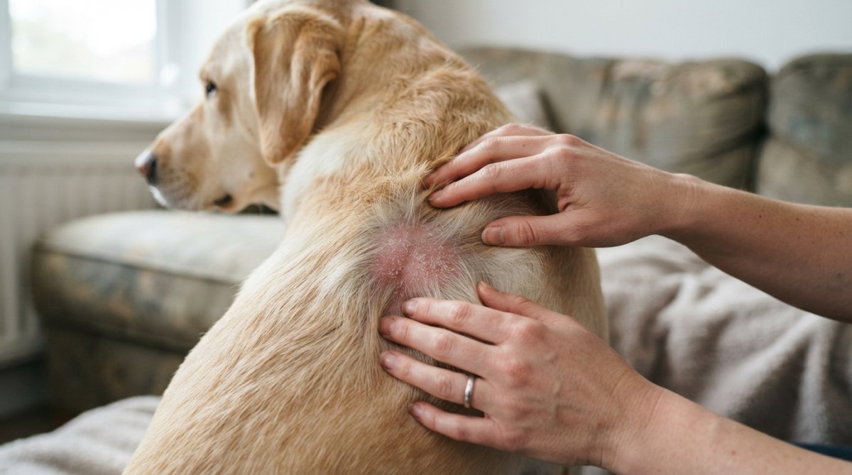 Close-up of a dog's reddened skin showing irritation and flaking, with an owner's hands gently examining the affected area on the dog's back