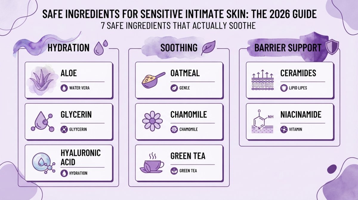 Watercolor infographic chart organizing the 7 safe ingredients into three categories: Hydration (Aloe, Glycerin, Hyaluronic Acid), Soothing (Oatmeal, Chamomile, Green Tea), and Barrier Support (Ceramides, Niacinamide)