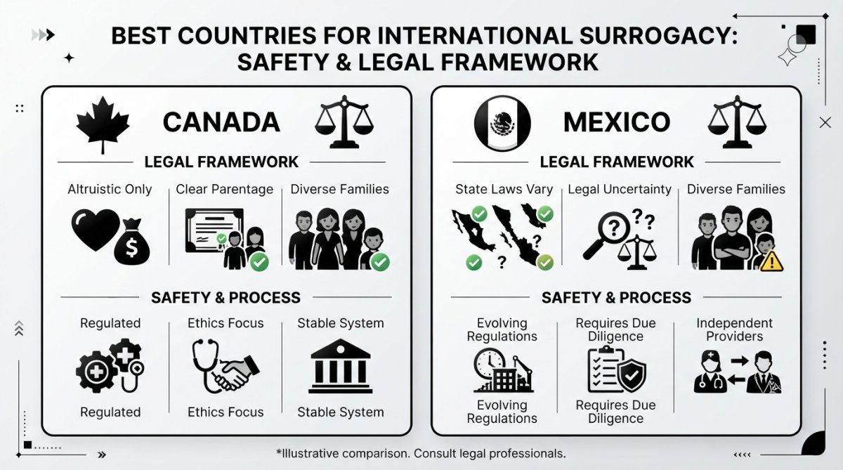 Visual comparison chart showing Comparison, Canada, LGBTQ, Mexico for safe international surrogacy for diverse families
