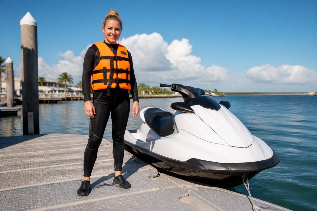 Beginner wearing proper jet ski safety gear including bright orange Coast Guard-approved life jacket, fitted wetsuit, and water shoes standing confidently on a dock next to a white jet ski in morning sunlight
