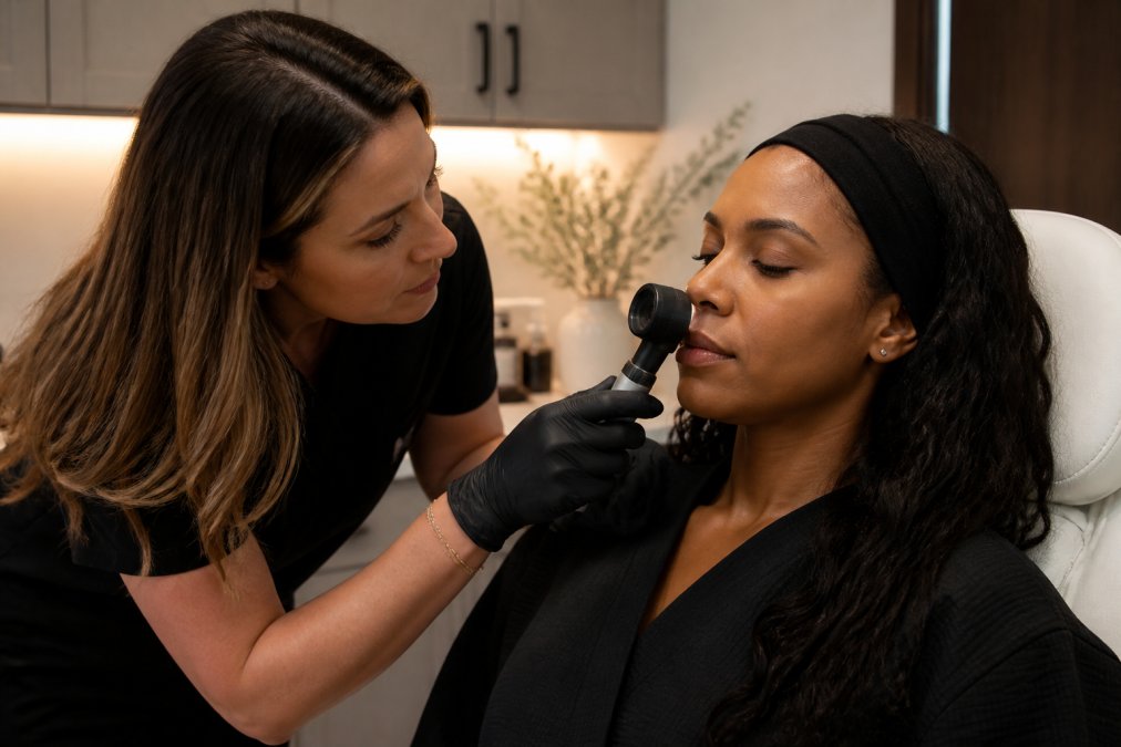 A licensed aesthetic provider in a modern medspa examining a patient's skin with a dermatoscope before a laser treatment, warm clinical lighting, professional and reassuring atmosphere