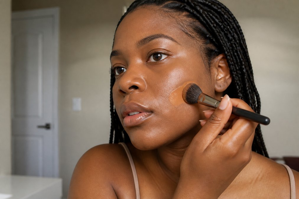 A Black woman with medium-deep skin tone applying liquid foundation with a brush in soft natural light, showing the smooth, even finish on her cheek