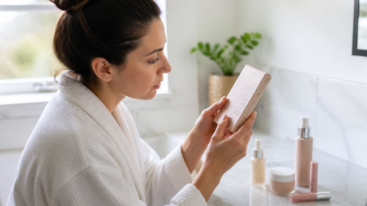 Woman in a bright bathroom reading the ingredient label on a makeup container with clean beauty products nearby.