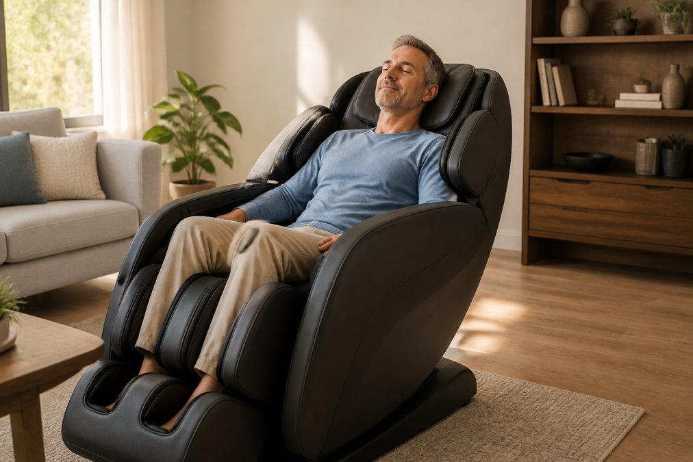 Professional illustration showing relaxed and middle-aged and adult concepts for massage chair session duration