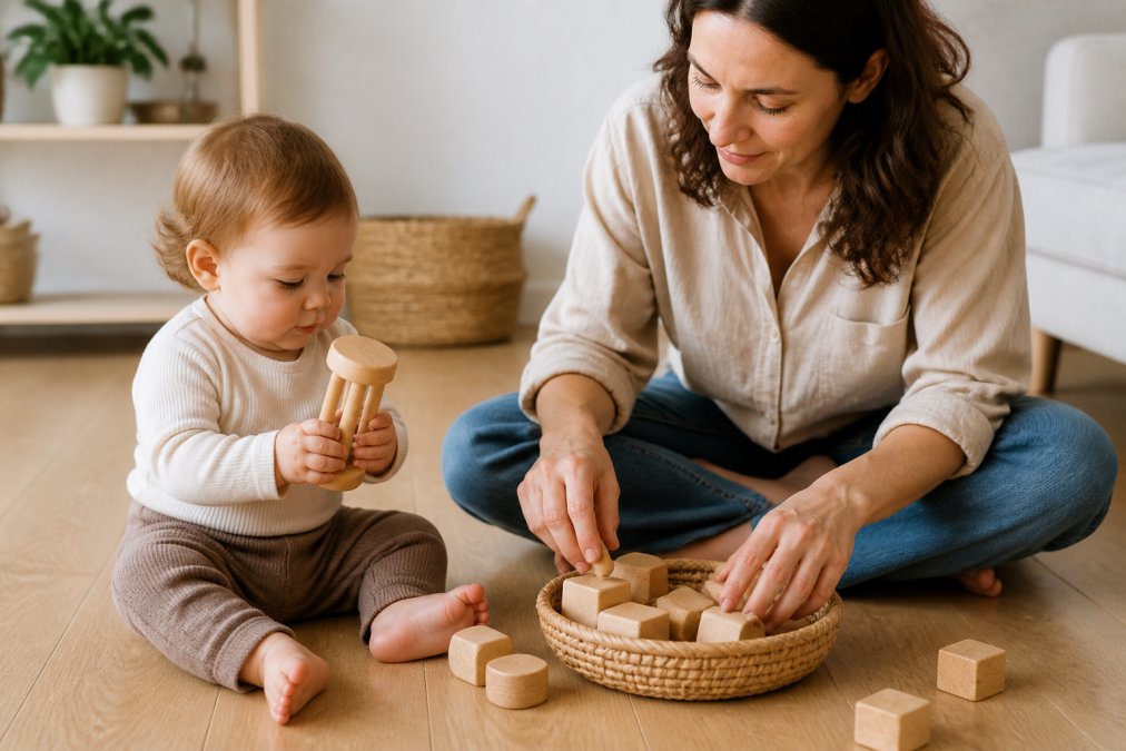 Parent and toddler playing with smooth unpainted wooden blocks and a rattle on a light wood floor