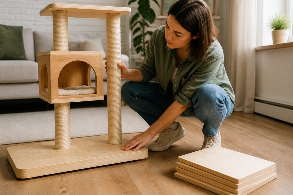A cat owner inspecting a solid wood cat tree base in a bright living room, with a small stack of untreated birch plywood samples nearby