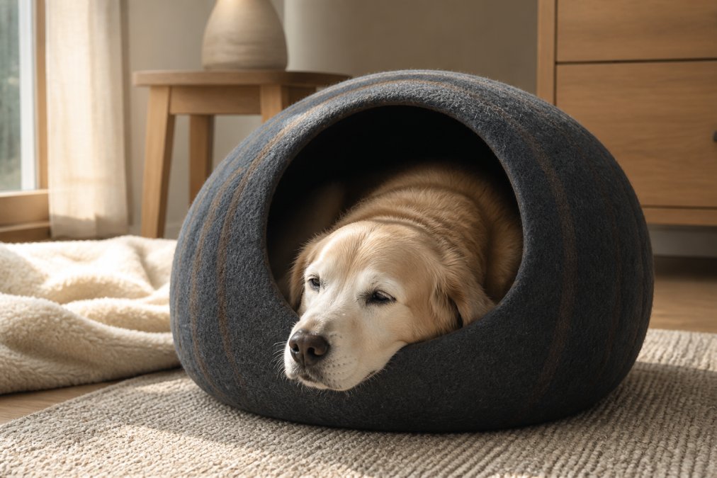 Senior dog resting peacefully on a plush orthopedic bed with visible comfort, head relaxed on the cushioned surface in natural daylight