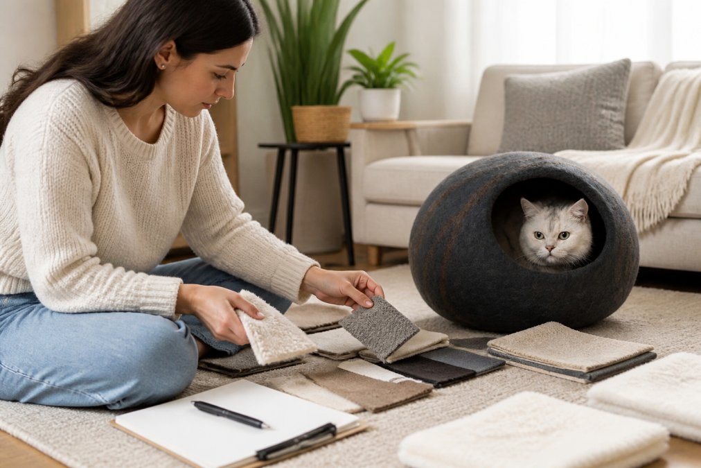 Dog owner carefully examining and comparing different fabric swatches and bed materials, feeling textures with hands while taking notes