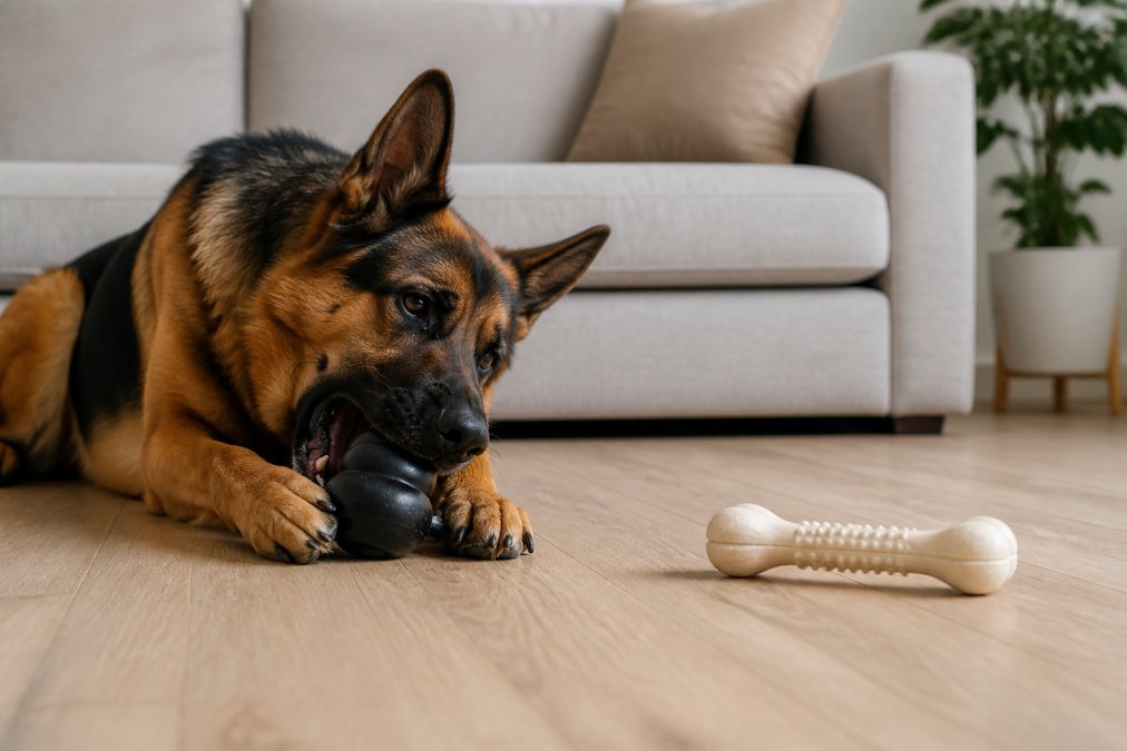 A large dog enthusiastically chewing a durable natural rubber toy on a living room floor, with a second nylon chew toy resting nearby on a light wood surface