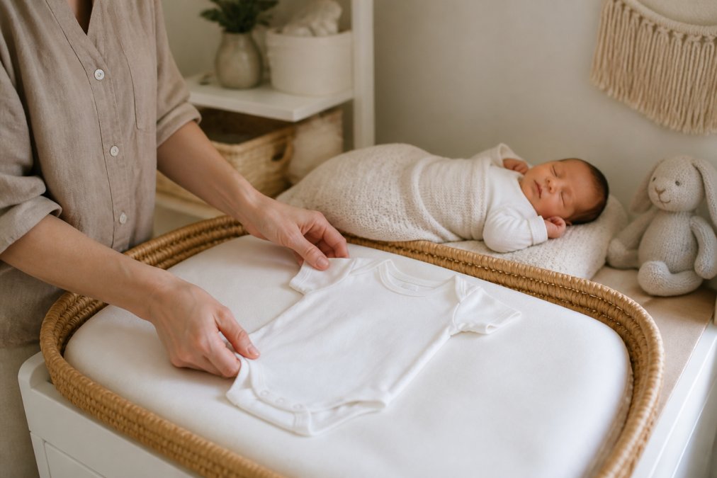 A parent's hands gently folding a soft cotton baby onesie on a changing table, with a sleeping newborn nearby in a bright nursery
