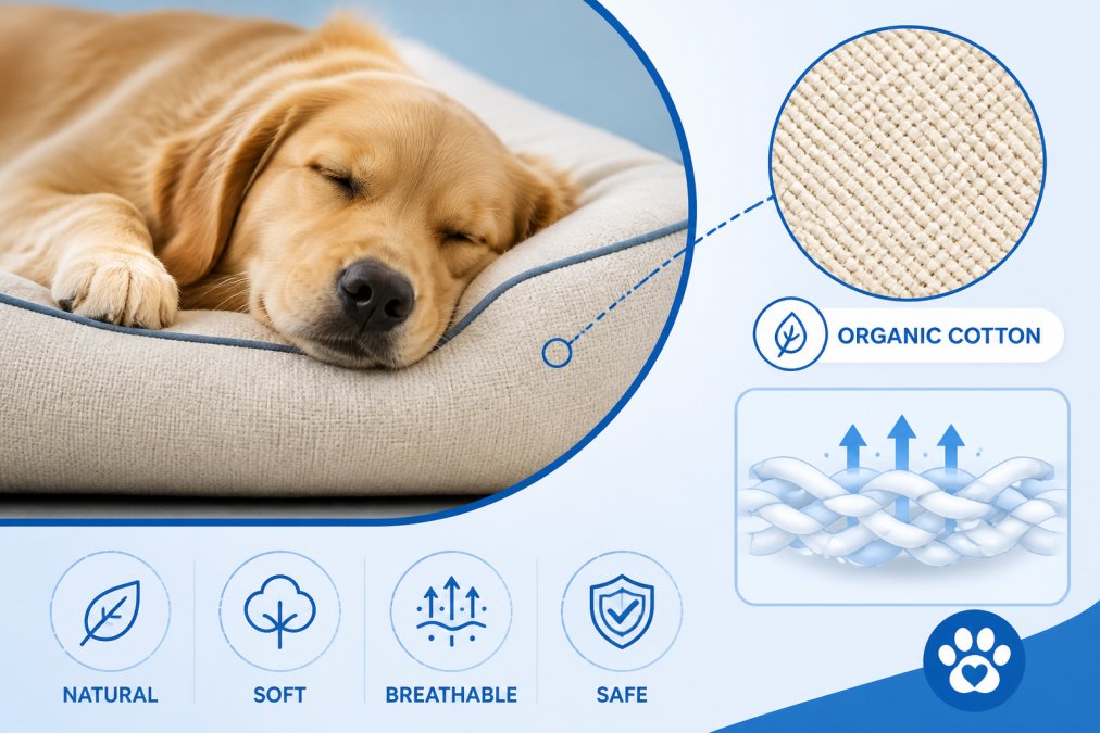 Close-up of a dog resting peacefully on a natural fabric pet bed, showing the texture and weave of organic cotton material with soft, warm natural lighting