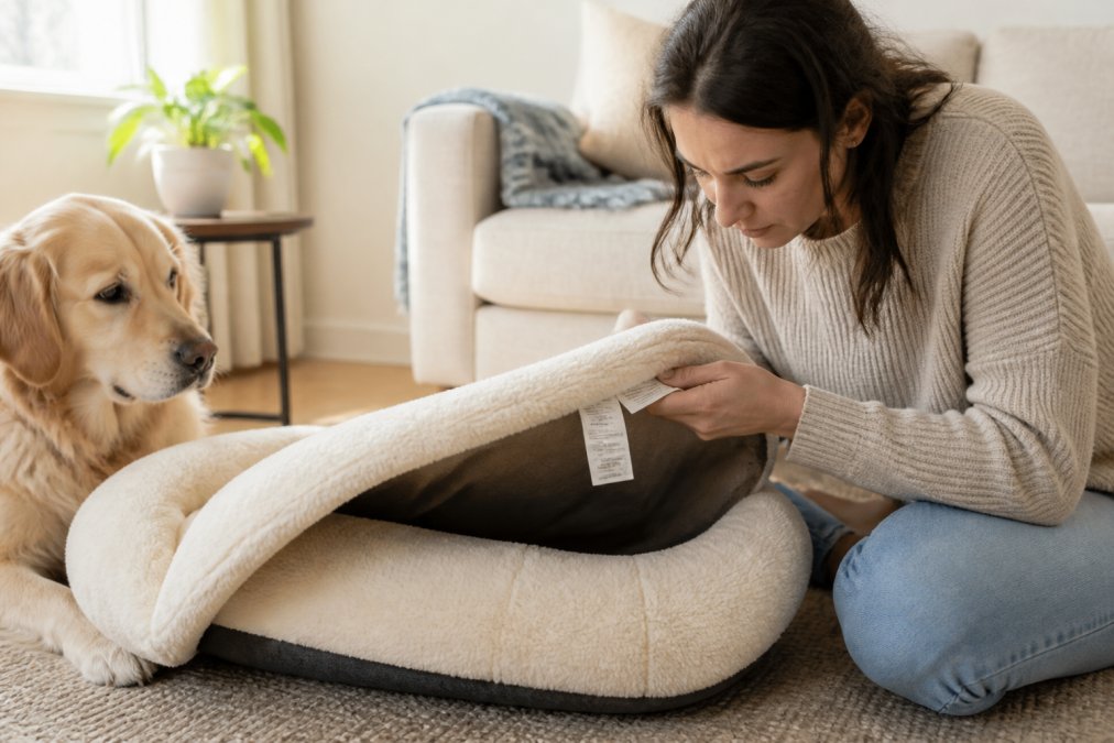 Pet owner carefully examining a pet bed label and safety certification tags, checking material composition and care instructions under natural window lighting