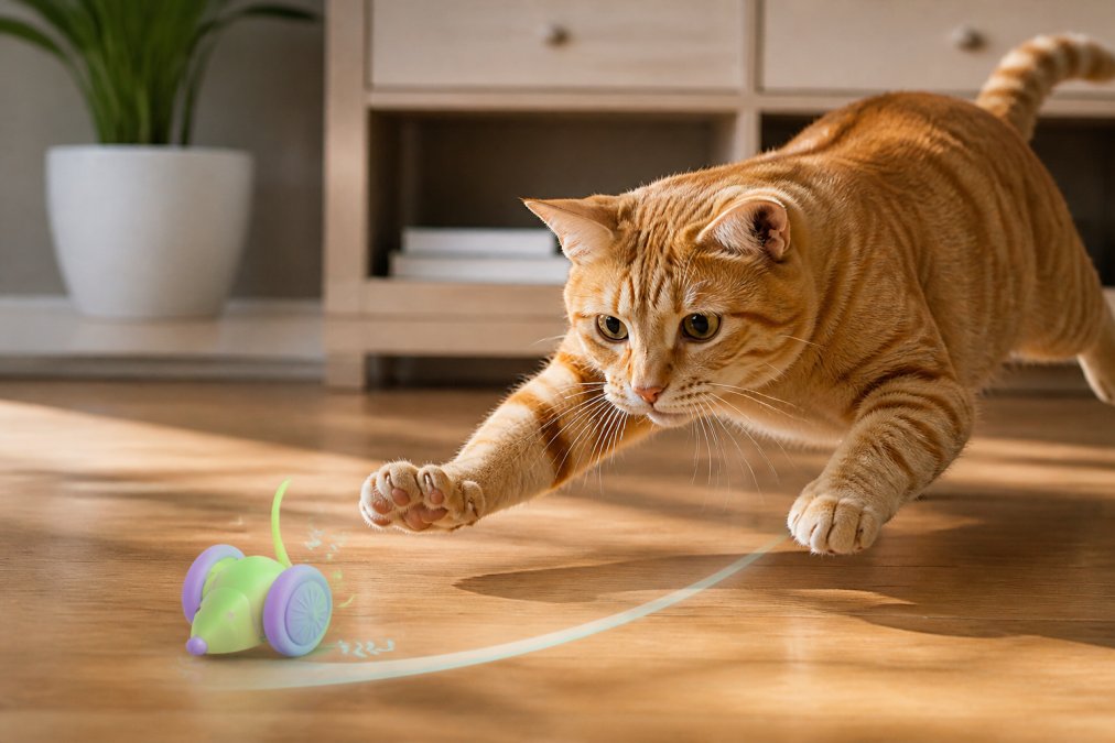 Orange tabby cat mid-pounce on a small moving toy mouse on hardwood floor, whiskers forward and claws extended, bright natural window lighting
