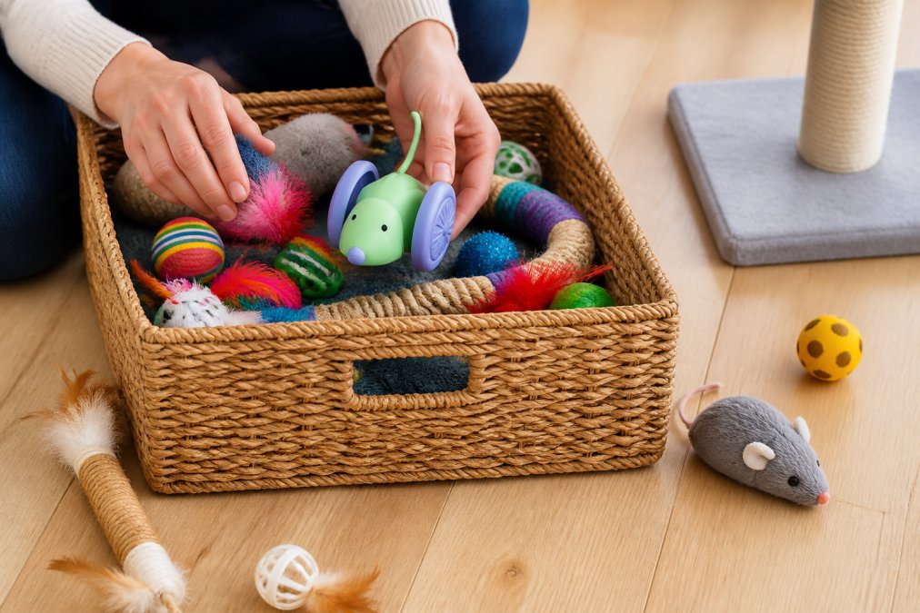 Cat owner's hands organizing colorful cat toys in a woven storage basket on wooden floor, with various toys visible and arranged for rotation