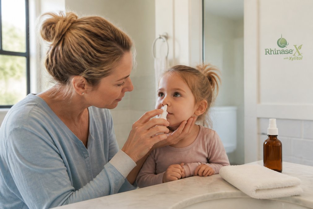 A parent gently applying a saline nasal mist to a young child's nose in a bright, comfortable bathroom, spray bottle resting on the counter beside a folded towel