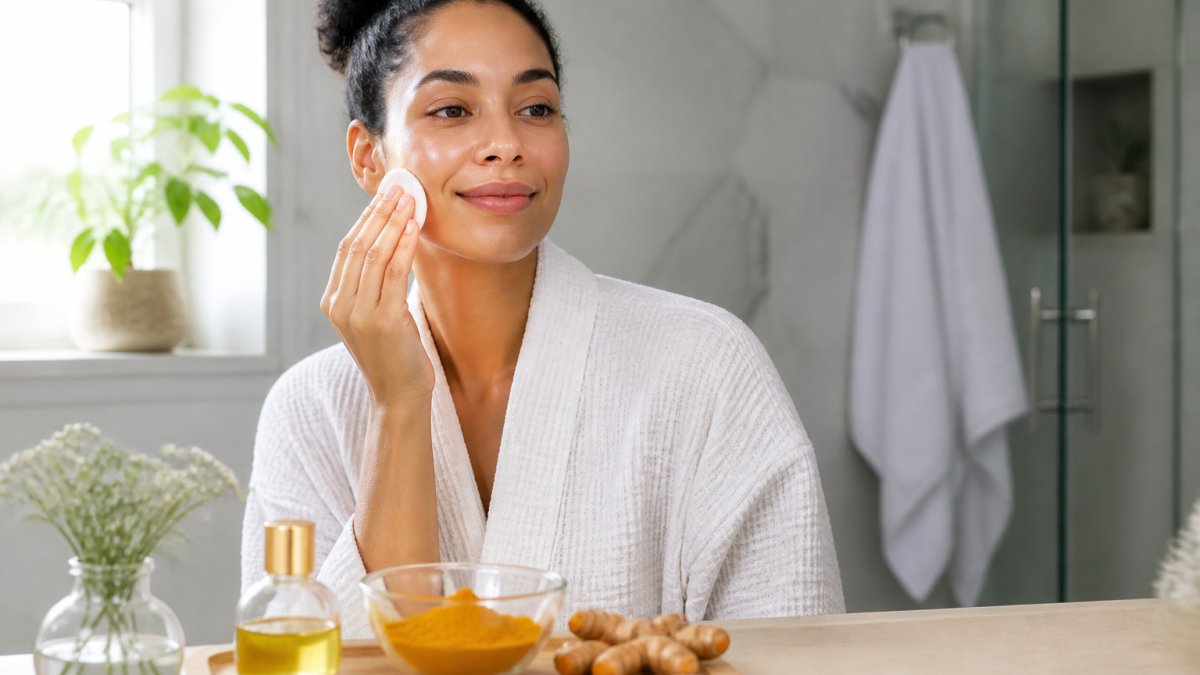 Woman with radiant, even-toned skin applying a turmeric-based toner with a cotton pad in a bright bathroom, natural light, self-care ritual setting