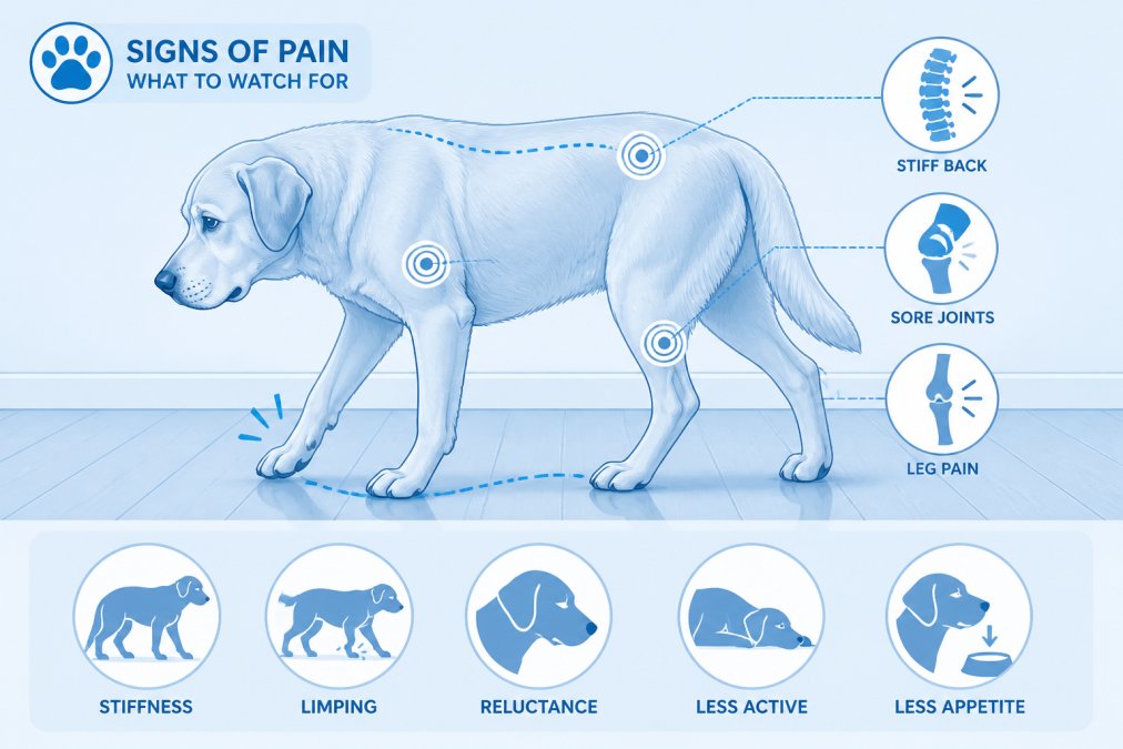 Older dog limping and showing stiffness while walking on a hardwood floor, captured from the side to show posture and gait changes