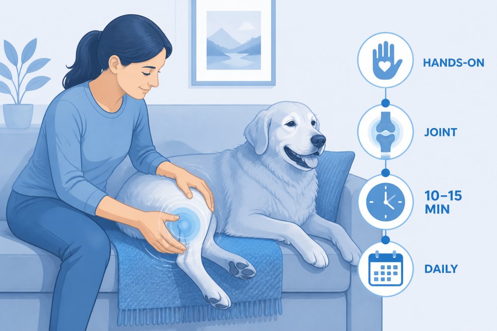 Dog owner gently massaging their senior dog's leg and joint area on a comfortable couch, showing hands-on therapeutic care