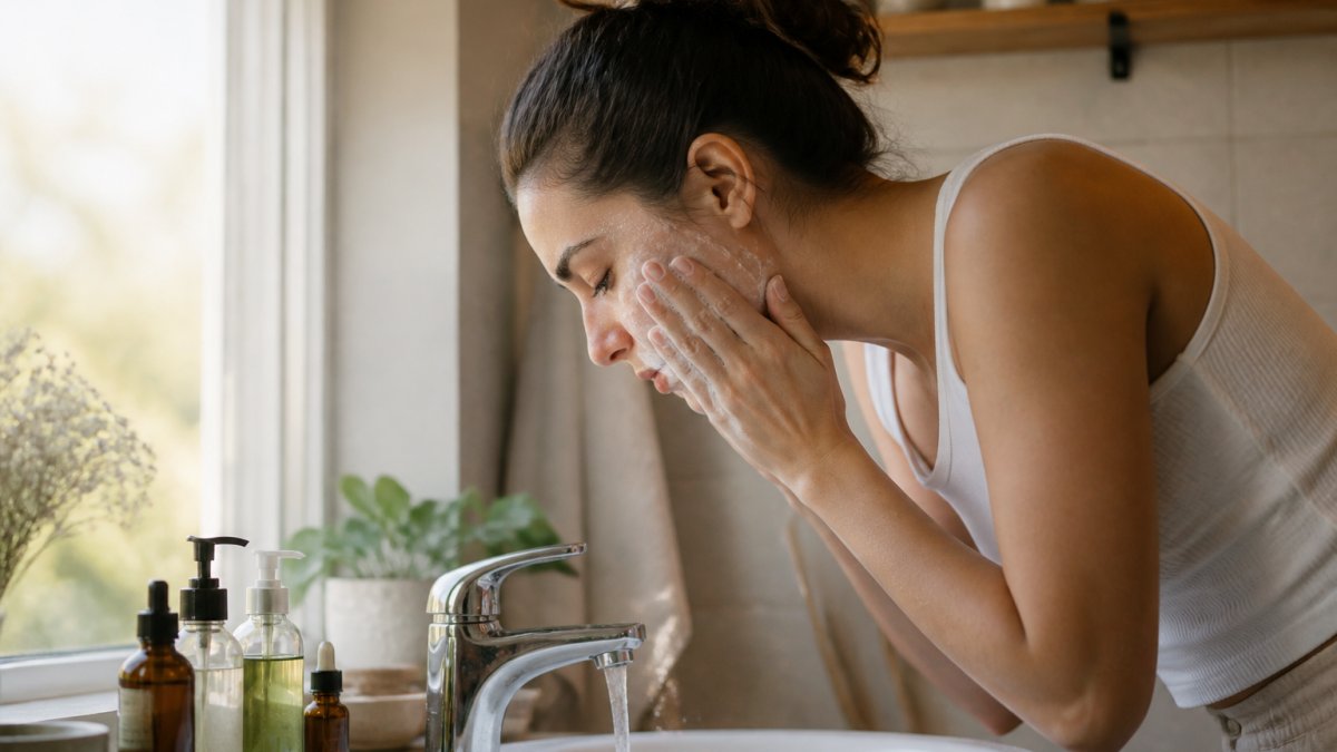 Person applying natural cleanser to face at bathroom sink with organic skincare bottles visible on counter, morning light streaming through window
