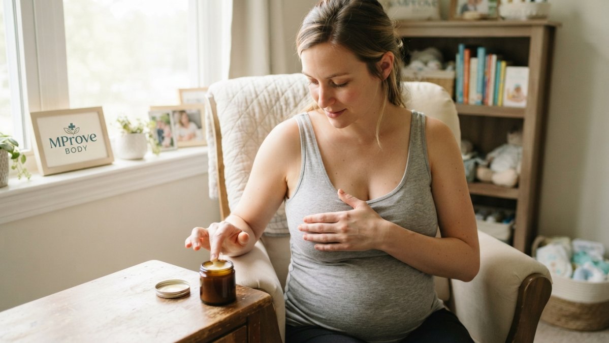 Nursing mother applying botanical nipple balm to her skin in a calm, natural home setting with soft lighting