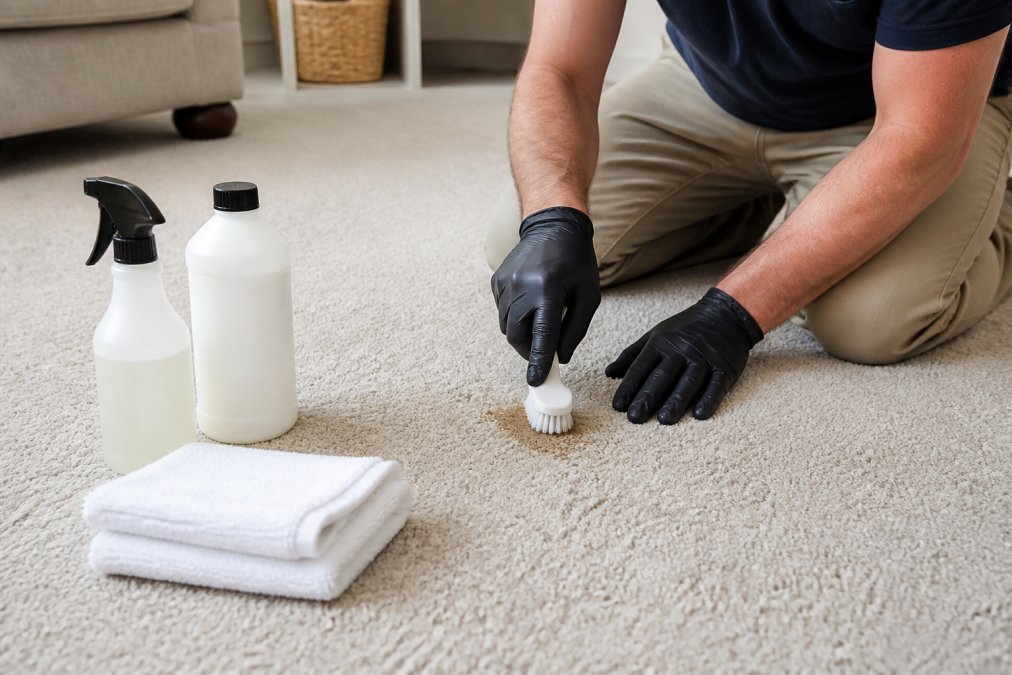 Professional demonstrating safe non-toxic carpet cleaning technique on pet stain with enzyme-based cleaner, spray bottle, and white towels on light-colored carpet in bright residential setting