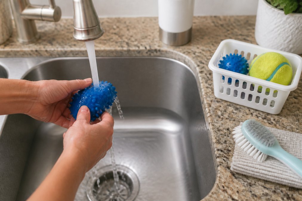 Close-up of hands rinsing a dog toy under warm running water in a kitchen sink, demonstrating proper cleaning technique