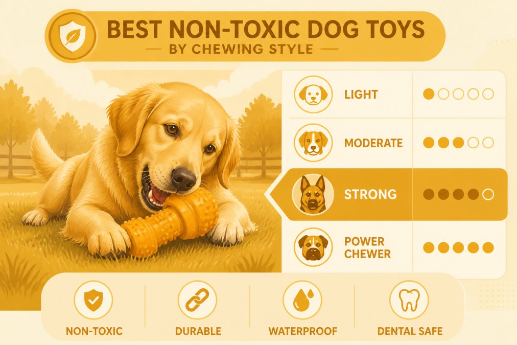 Golden Retriever happily playing with a durable rubber toy outdoors on grass, showing engaged chewing behavior