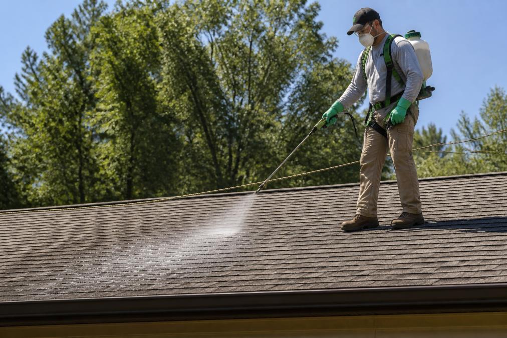 A technician in safety gear using a low-pressure sprayer to apply a plant-based cleaning solution to asphalt shingles on a residential roof, with green trees visible in the background